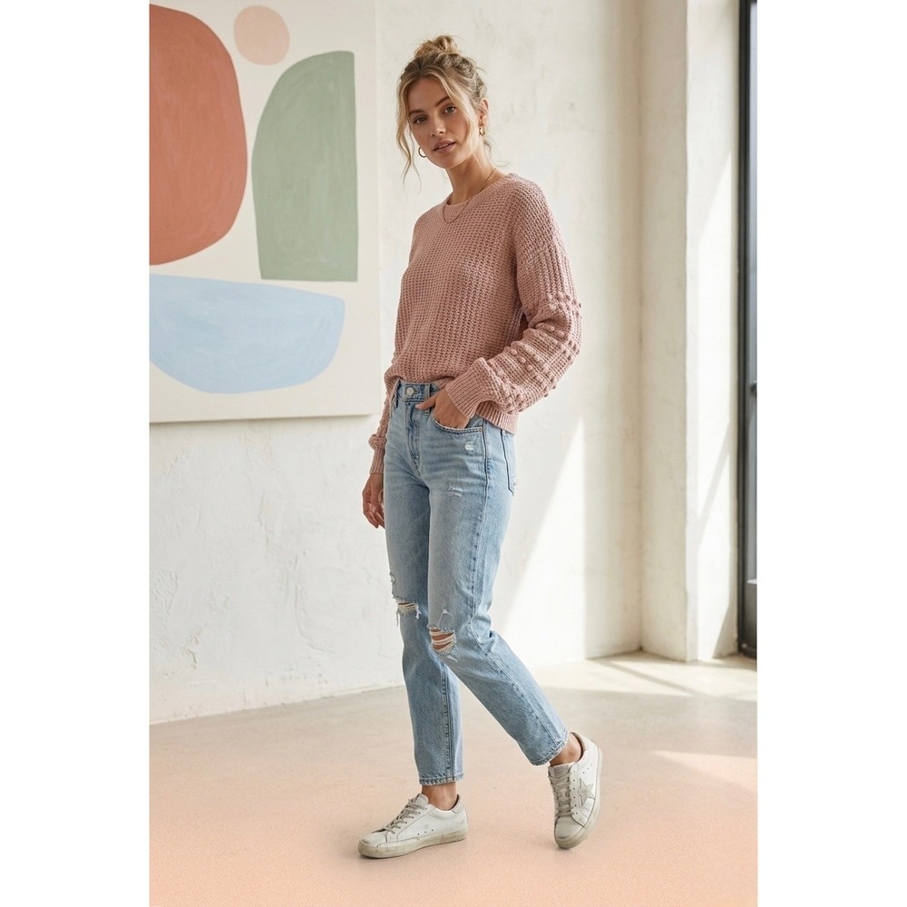 Madewell Bobble Sleeve Shaker Stitch Cotton Sweater Pink Large L Bobble-Sleeve